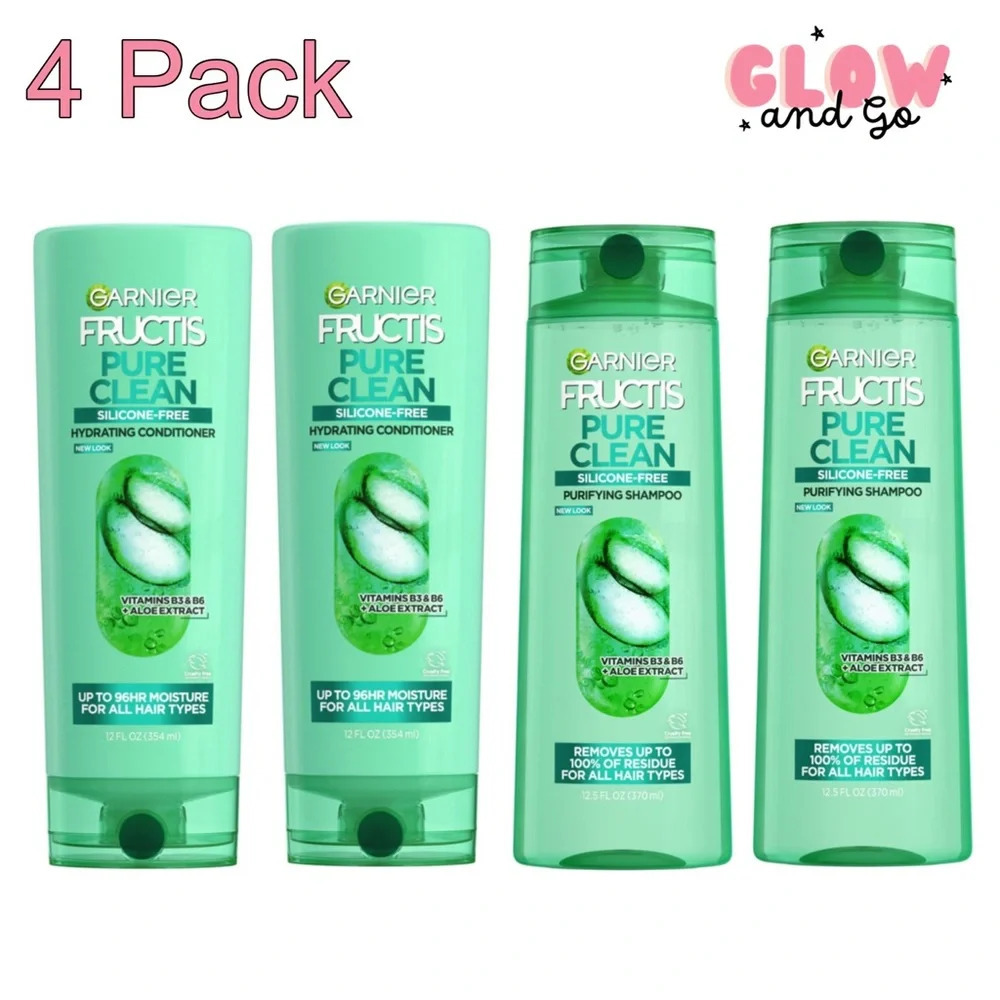(4) Garnier Fructis Pure Clean Shampoo & Conditioner, Silicone-Free, 12.5 Fl Oz